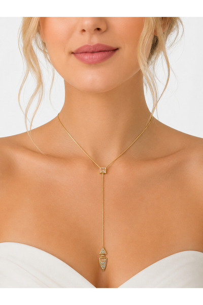Melika Collection Gold Renk Geometrik Detaylı Y Kolye Taşlı Zarif Kadın Kolye