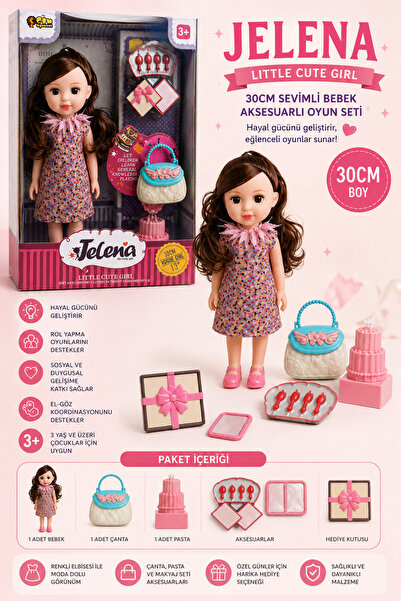 Sıraç İthalat Jelena Moda Bebek Seti - Aksesuarlı Kız Oyuncak Bebek (30 cm, Çantalı ve Pastalı Doğum Günü Hediyesi)