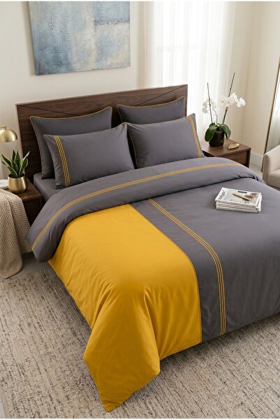 İK TEKSTİL Linera 6 Piece Wrap Embroidered Modern Mustard Anthracite Cotton D...