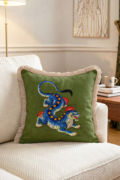 IdeCraft Blue Tiger Floral Star Detailed Fringed Throw Pillow Cover - Far Eas...