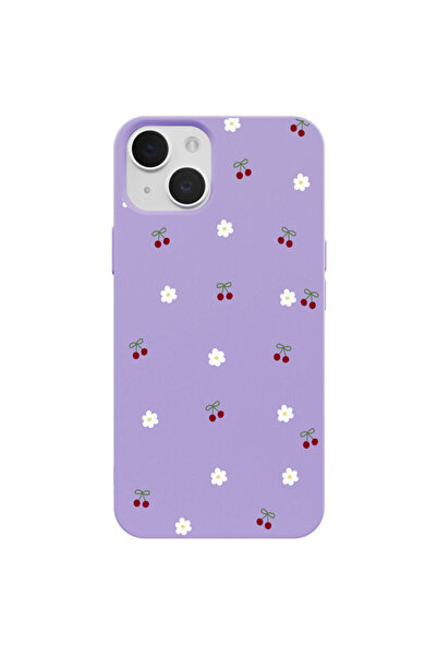Casen iPhone 15 Lila Lansman Renkli Silikon Kiraz ve Çiçek Desenli Kamera Kor...
