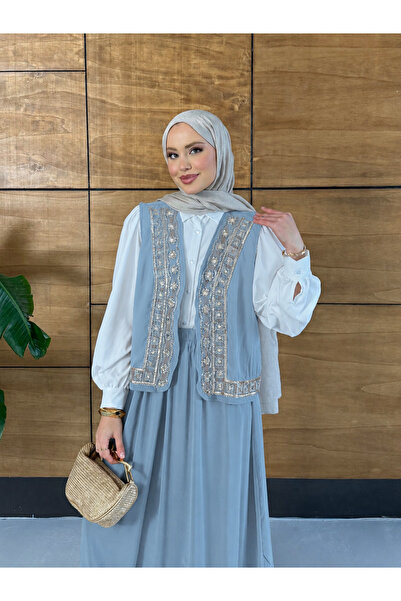 Miss Allos Women's Embroidered Linen Vest Skirt Two-Piece Set