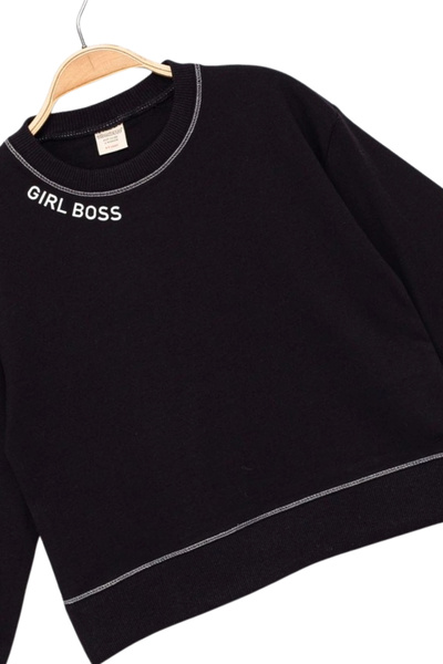 Divonette Girl's Contrast Stitched Letter Printed 100% Cotton Black Sweatshirt - Children's Sweatshirt with Decorative Stitching