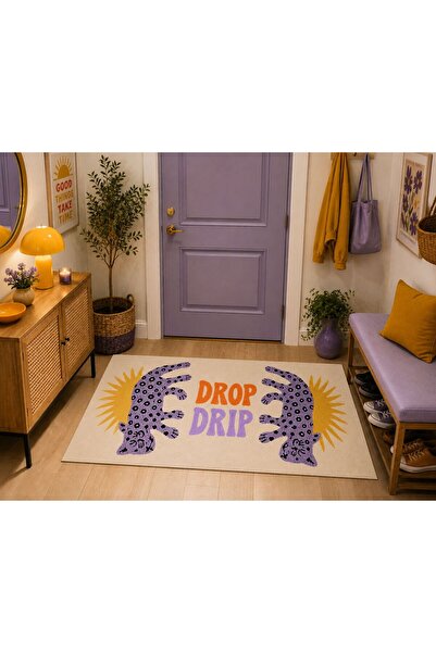 Rugs Modern Halı "Aura" Serisi - Drop Drip Yazılı Leopar Figürlü Krem Mor Mod...