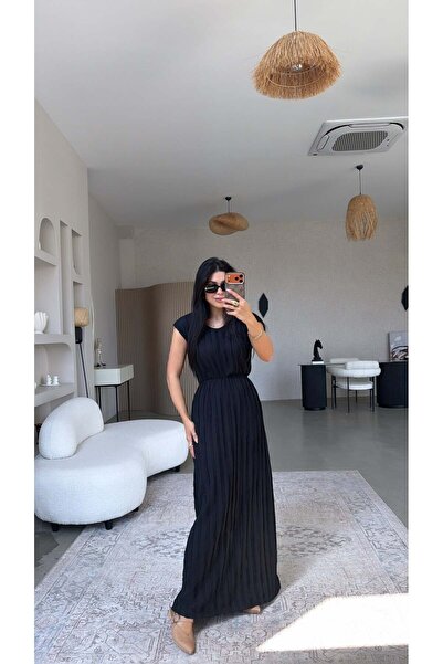 Buket Teke Siyah Kendinden Çizgi Dokulu Beli Lastikli Maxi Bürümcük Elbise