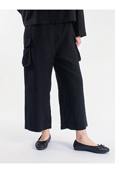 byözlemyazan Linen Side Pockets, Elastic Waist at the Back, Loose Fit Midi Wo...