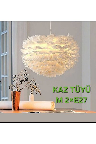 FİLİZ MODERN BEYAZ ORJİNAL %100 KUŞ TÜYÜ 5*E27 DUYLU BEYAZ SARKIT AVİZE