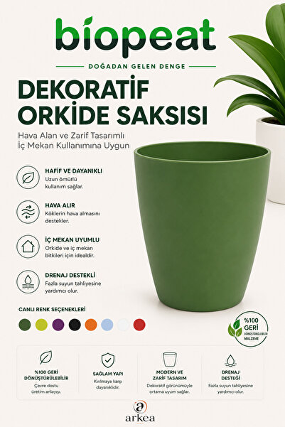BioPeat 12 Pot Dekoratif Orkide Dış Saksısı Yeşil | 12 cm Modern Saksı | İç v...