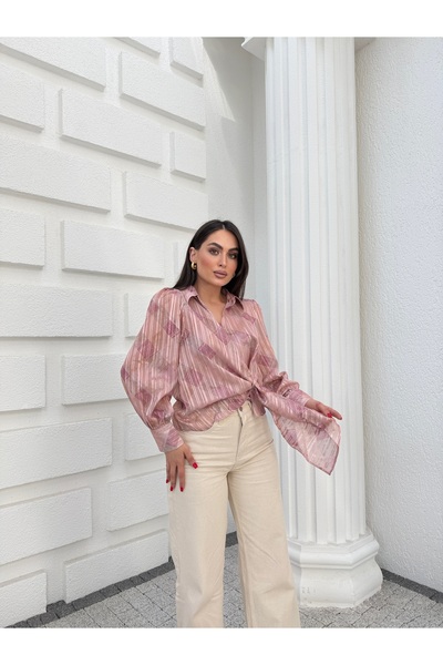 Myra Fashion Kruvaze Bağlamalı Desenli Bluz Kadın V Yaka Uzun Kol Şık Saten D...
