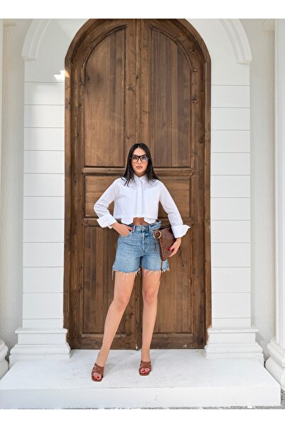 Myra Fashion Çift Katlı Kesim Crop Gömlek Gizli Düğmeli Uzun Kol Kadın Bluz M...