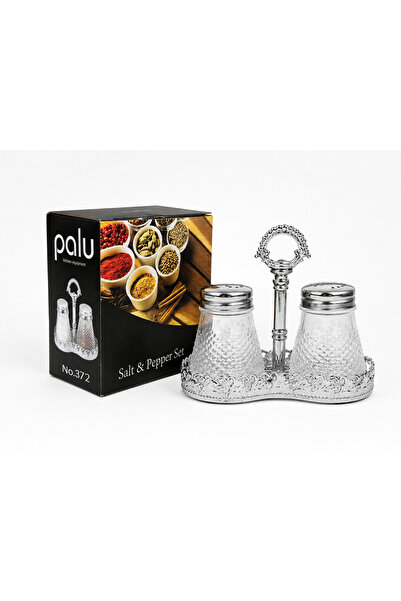 PALU Cam Tuzluk Biberlik Seti Standlı 3 Parça Metal Baharatlık 80 cc