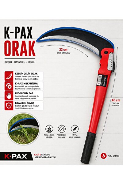 K-Pax Kırmalı Orak Sap Uzunluğu : 40 cm Bıçak Boyu :23 Ergonomik Plastik Tutacak