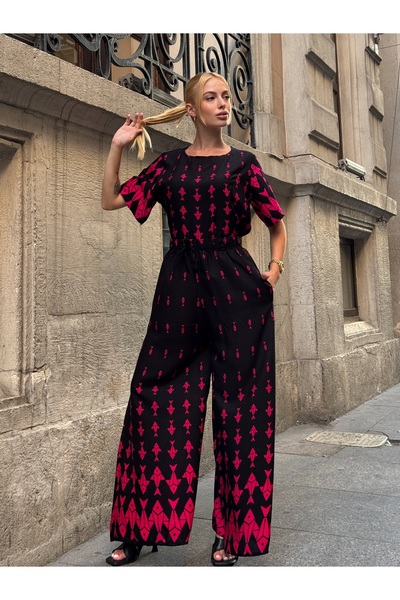 Tubik Women's Fish Patterned Blouse with Pockets - Wide Leg Pants Authentic Set