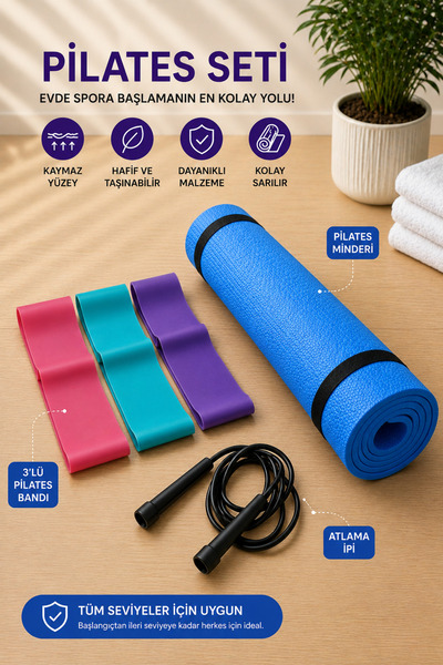 Yukon 3 Parça Evde Pilates Seti Pilates Minderi Pilates Lastiği Atlama İpi