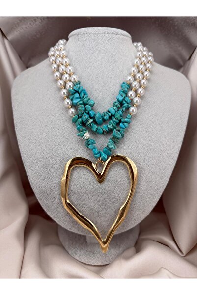 ZS Aksesuar Turquoise Stone Detailed Large Heart Figured Pearl-Looking Women'...