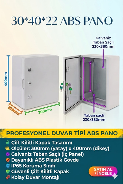 ECONA 30x40x22 cm ABS Plastik Pano - Çift Kilitli & Taban Saçlı,IP65 Su Geçir...