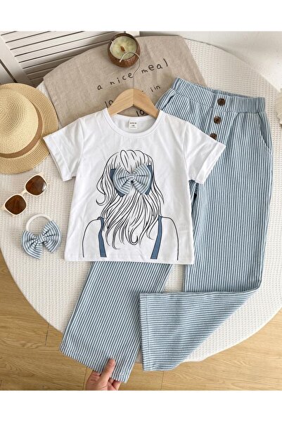 CALİSA Girl's Striped Trousers and Ribbon Detail T-Shirt Buckle Set |   Summe...