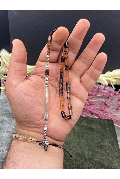 Kttesbihaksesuar 5x8 BİLEK BOY ATEŞ KEHRİBAR TESBİH GÜMÜŞ KAPLAMA PÜSKÜLLÜ