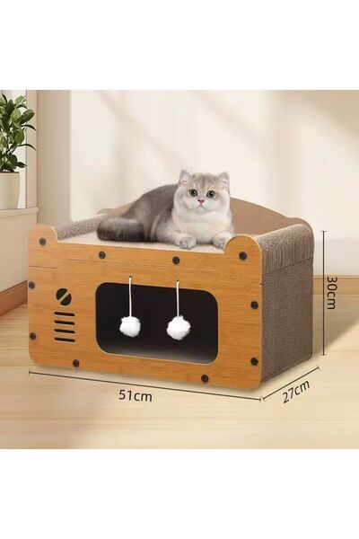 MadPet Karton Tırmalamalı Ahşap Model Kedi Tırmalama Oyun Evi