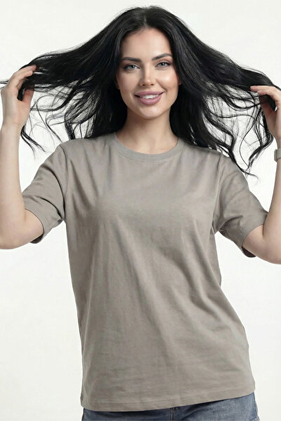 Veleno T-Shirt Women's Beige Cotton Combed Fabric Zero Neckline Regular Full Fit