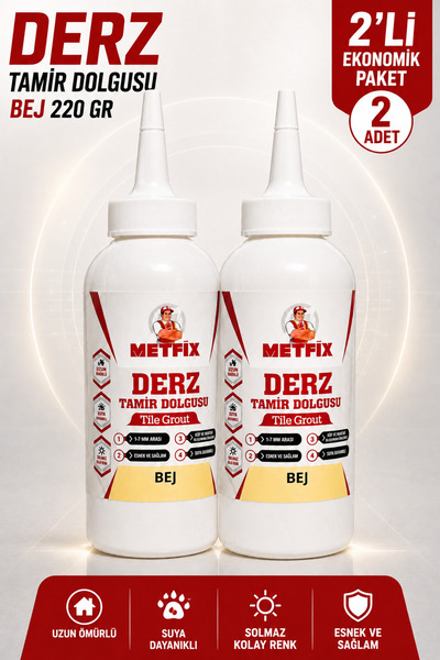 METFİX Bej Renk 2 Adet Hazır Derz Arası Tamir Dolgusu 220 Gr Fayans Seramik M...