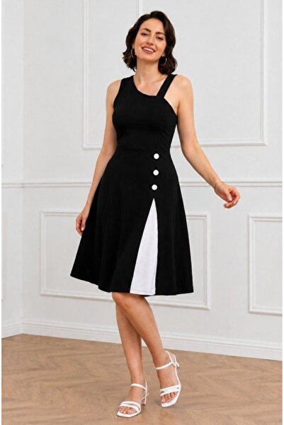 Generic Brand Rochie scurtă Janjan din crep, cu nasturi, cu bretele pe umeri ...