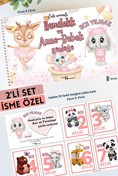 Lodos 2'Lİ SET İSME ÖZEL Anı Defteri Cute Animals Hamilelik ve Anne Bebek Anı...