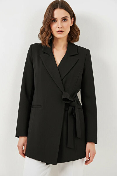 Efnaz style Women's Blazer with Collar, Belted, Side Tie, Black Jacket