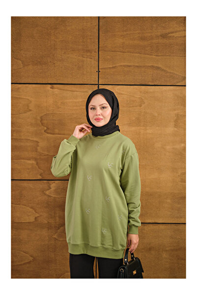 LC Waikiki Nevavm Women's Lcc Stone Detail Crew Neck Sweatshirt Green
