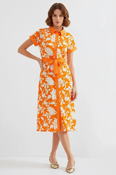 Generic Brand Women's Shirt Collar Belted Floral Patterned Viscose Orange Dress