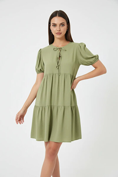buğrahayalin Women's Round Neck Gathered Waist Short Sleeve Viscose Green Dress
