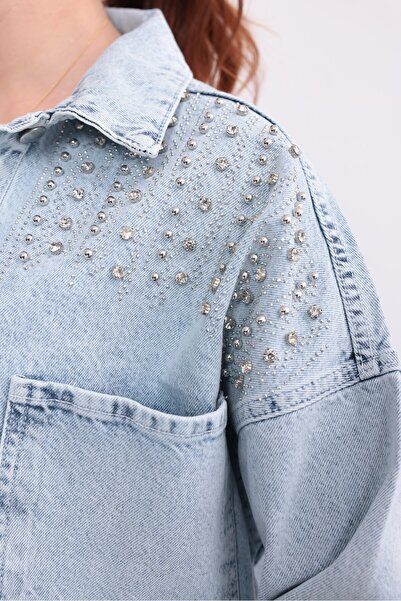 Yeys Shop Mavi Taş İşlemeli Denim Ceket