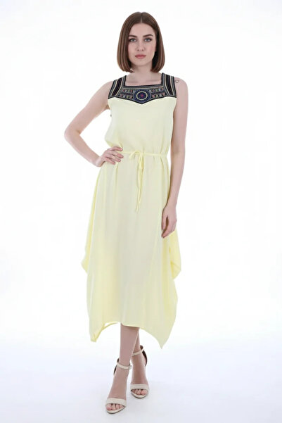 Generic Brand Women's Round Neck Belted Embroidered Viscose Yellow Dress