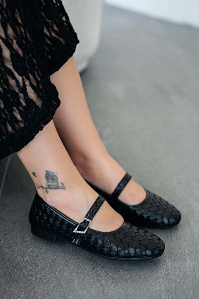 Parponi Sailor women's belt detailed knitted leather flat shoes black