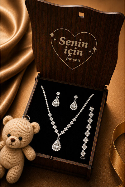HUBANN Damla Taşlı Su Yolu 3’lü Takı Seti Kolye Küpe Bileklik Gelin Abiye Set...