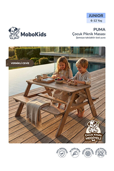 mobokids Çocuk Piknik Masası Puma Masif Ahşap 4 kişilik Junior 6 - 12 Yaş Ahş...