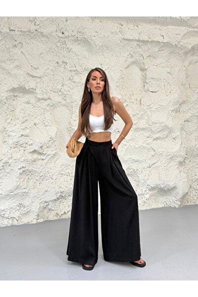 LE CARAMBOLE Women's Black High Waist Velcro Detailed Wide Leg Palazzo Trousers