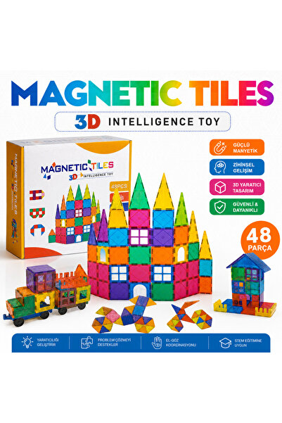 VIEN POLO Magnetic Tiles 48 Parça Manyetik Blok Seti – Eğitici STEM Zeka Oyun...