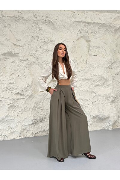 MODAMERSİ Women's Khaki High Waist Velcro Detailed Wide Leg Palazzo Trousers