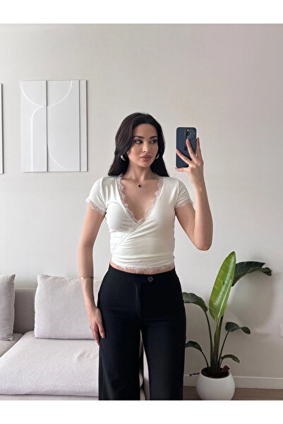 Zoom Butik Bel Bağlamalı V Yaka Dantel Crop - BEYAZ