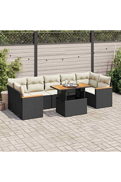 vidaxl Set mobilier gradina perne 8 piese negru, poliratan/lemn acacia