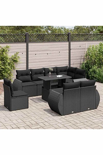 vidaxl Set mobilier de gradina cu perne, 9 piese, negru, poliratan