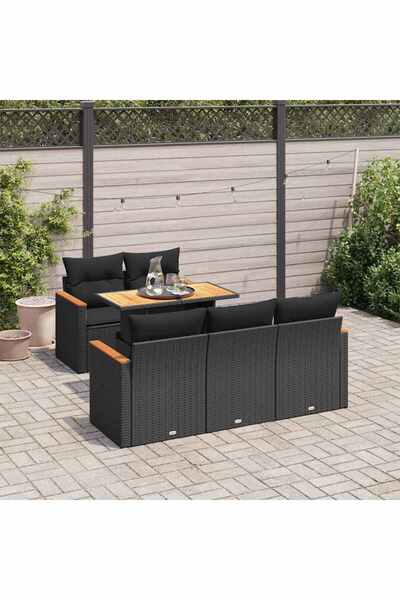 vidaxl Set mobilier gradina perne 6 piese negru poliratan/lemn acacia