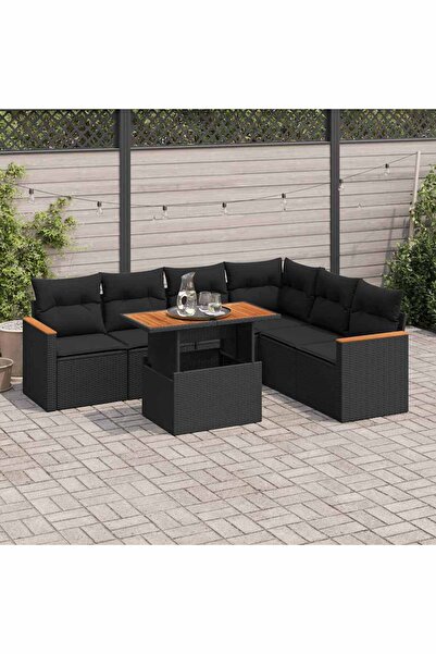 vidaxl Set canapele gradina perne 7 piese negru, poliratan/lemn acacia