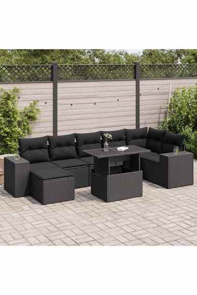 vidaxl Set mobilier de gradina cu perne, 8 piese, negru, poliratan