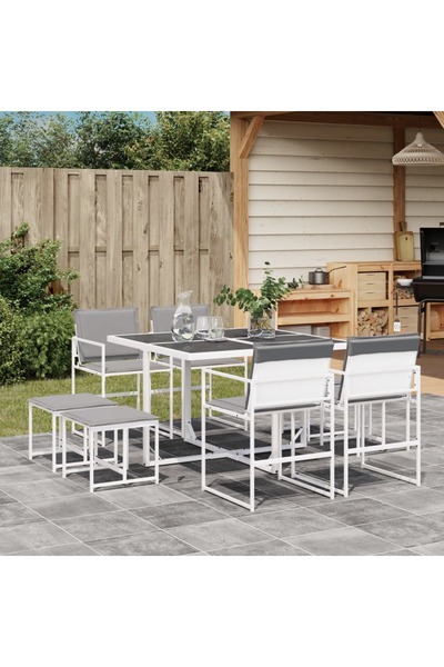 vidaxl Set mobilier de gradina, 9 piese, cu perne, alb, textilena