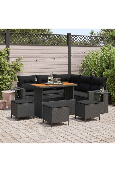 vidaxl Set de canapele pentru gradina cu perna 9 pcs Negru poliratan