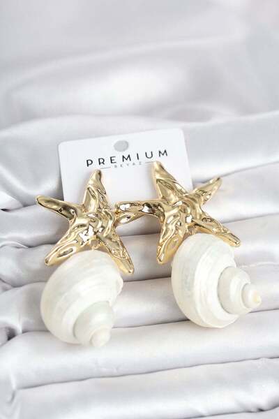 Inure Jewelry Doğal Deniz Kabuğu ve Gold Renk Yıldız Model Kadın Küpe