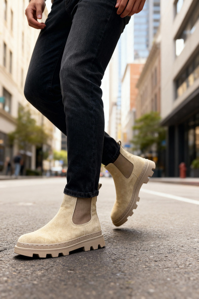 BASOLES Men's Beige Chelsea Boots Suede Casual Winter Thick Sole Shoes