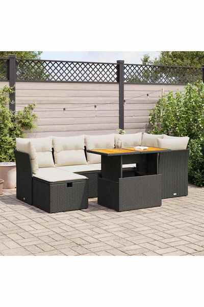 vidaxl Set canapele gradina perne 7 piese negru, poliratan/lemn acacia